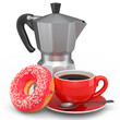 Italian geyser coffee maker and ceramic coffee cup with doughnut on white