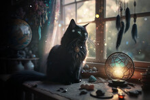 Mystery Black Cat With Dreamcatcher, Witchcraft Magic Light Wallpaper AI Generated