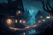 Night, Moonlight, A Fantasy Village In The Dark, Spooky, Wind, Dark Fantasy Scene.