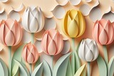 Fototapeta Kwiaty - Abstract flower paper cut background. Beautiful gentle pastel spring tulips. AI