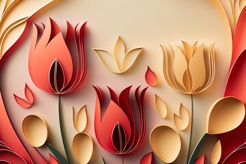 Wall Mural - Abstract flower paper cut background. Beautiful gentle pastel spring tulips. AI