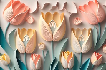 Wall Mural - Abstract flower paper cut background. Beautiful gentle pastel spring tulips. AI