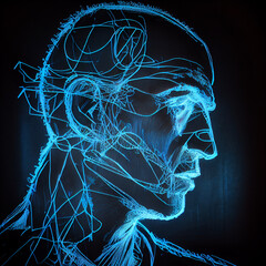 Wall Mural - Futuristic man portrait made of neon wire illustration Generative AI