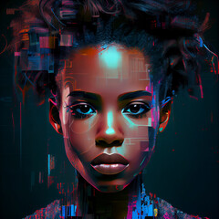 Wall Mural - Abstract portrait of African American woman with glitch effect illustration, Generative AI