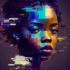 Wall Mural - Abstract portrait of African American woman with glitch effect illustration, Generative AI