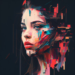 Wall Mural - Abstract portrait of woman with glitch effect illustration, Generative AI