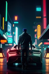 Wall Mural - Cyberpunk Man With Futuristic Car on the Night City Neon-Lit Streets, Back View. Generative AI.