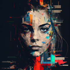 Wall Mural - Abstract portrait of woman with glitch effect illustration, Generative AI