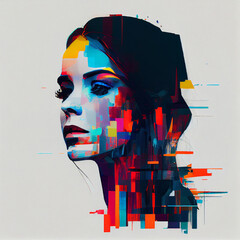 Wall Mural - Abstract portrait of woman with glitch effect illustration, Generative AI