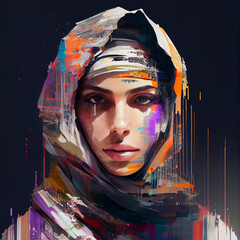 Wall Mural - Abstract portrait of arab woman with glitch effect illustration, Generative AI