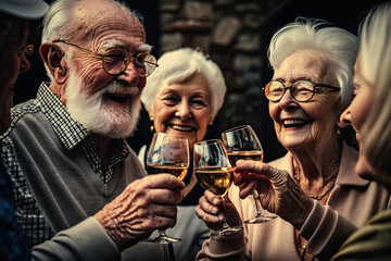 Senior friends raising glasses in a toast at a cocktail party, generative ai