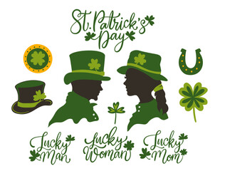 Holiday st Patricks day set. Lucky man and woman, hat, coin and shamrock luck symbol March decoration