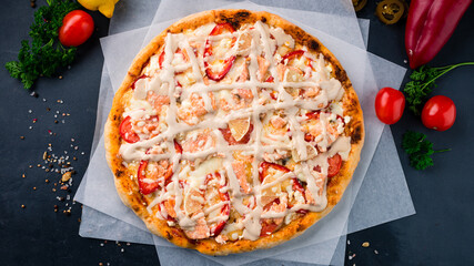 Sticker - Italian cuisine pizza with salmon fish, tomatoes, sweet peppers, lemon, cheese and sauce.