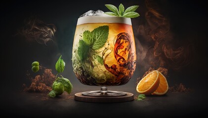 Poster -  a glass of cold beverage with a garnish of mint and orange slices on a black background with smoke and steam coming out of the top.  generative ai