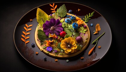 Poster -  a plate with a variety of flowers on it and leaves on the side of the plate and on top of the plate is an orange and yellow border.  generative ai