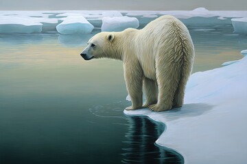 Sticker -  a painting of a polar bear standing on an ice floese in the water with icebergs in the background and water reflecting the ice.  generative ai