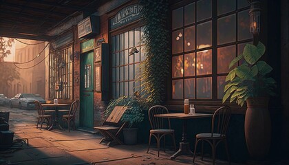 Canvas Print -  a painting of a restaurant with a table and chairs outside of it and a car parked in front of the window and a building with lots of windows.  generative ai