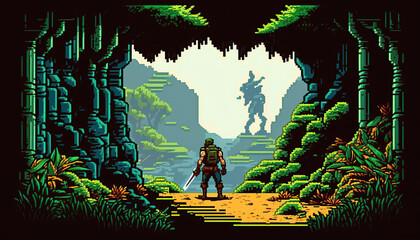 Wall Mural - Adventure game screen, Retro computer games level. Pixel art video game scene 8 bit.