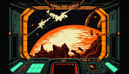 A space ship on an racetrack, Retro computer games level. Pixel art video game scene 8 bit.