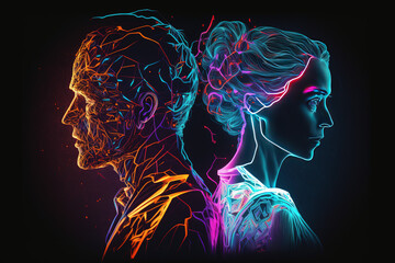 Man and Woman Neon Line Art, Man and Woman Stand Back to Back, Neon Lights, Electricity, Soul Connection, Human Connection, Spark between Lovers, Neon Characters Illustration, Abstract Art