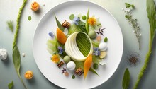  A White Plate Topped With A Vegetable And Other Food On Top Of A Green Table Cloth Next To Flowers And A Leafy Green Plant.  Generative Ai