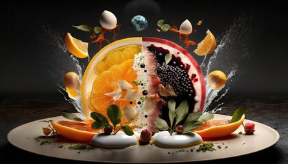 Wall Mural -  a plate with a variety of fruits and vegetables falling into the air with a splash of water on top of the plate and on top of the plate.  generative ai