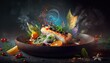  a bowl of food with a variety of vegetables and fruits in it on a dark surface with smoke coming out of the top of the bowl.  generative ai