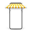 Smartphone with shop sunshade and metal mount, online internet shopping. Realistic yellow striped cafe awning. Outdoor market tent. Roof canopy. Summer street store. Vector illustration