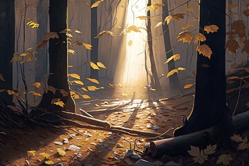 Sticker -  a painting of a sunbeam in a forest with leaves on the ground and a fallen tree trunk in the foreground, with the sun shining through the trees.  generative ai