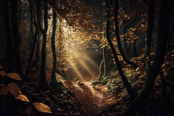  a path in the woods with sunlight coming through the trees and leaves on the ground and on the ground there is a bright light coming through the trees.  generative ai