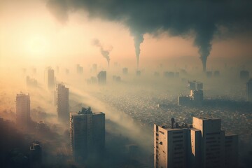 Poster -  smoke billows from the stacks of buildings in a city as the sun rises over the cityscape in the distance, in the foreground is a smoggy, smoggy, smog.  generative ai