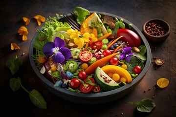 Poster -  a bowl filled with lots of different types of vegetables and fruits on top of a wooden table next to a bowl of seeds and a fork.  generative ai