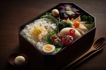 Poster -  a bento box filled with rice, meat, and veggies with chopsticks on a table next to a fork and spoon.  generative ai