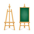Realistic green chalkboard on wooden easel. Blank blackboard in wooden frame on a tripod. Presentation board, writing surface for text, drawing. Online studying, learning mockup. Vector illustration