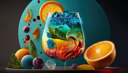 Poster -  a glass of liquid with oranges and other fruit around it on a table with a circular background of blue and oranges and leaves.  generative ai