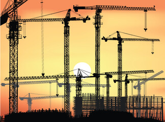 Wall Mural - lot of black and grey cranes build house at sunset