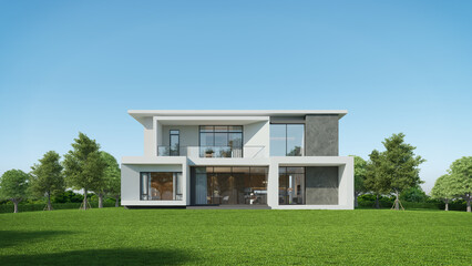Modern house exterior day light with lawn grass.3d rendering