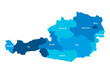 Austria political map of administrative divisions - federal states. Flat blue vector map with name labels.