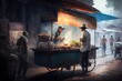 © Anna - a painting of a man selling food on a street side vendor's cart with people standing around and looking at the food on the cart.  generative ai