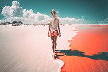 Oil Painting Illustration Of A Girl With Her Back Turned Walking On A Beach