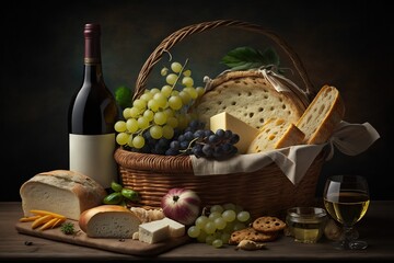 Poster -  a basket of bread, grapes, cheese, bread and wine on a table with a glass of wine and a bottle of wine in the background.  generative ai