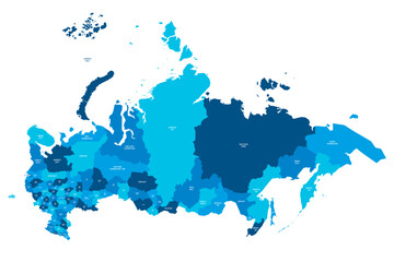 Poster - Russia political map of administrative divisions - oblasts, republics, autonomous okrugs, krais, autonomous oblast and 2 federal cities of Moscow and Saint Petersburg. Flat blue vector map with name