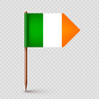 Realistic Irish toothpick flag. Souvenir from Ireland. Wooden toothpick with paper flag. Location mark, map pointer. Blank mockup for advertising and promotions. Vector illustration