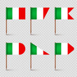 Realistic various Italian toothpick flags. Souvenir from Italy. Wooden toothpicks with paper flag. Location mark, map pointer. Blank mockup for advertising and promotions. Vector illustration