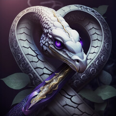 Wall Mural - a white snake with purple eyes that coils into a heart shape and holds a sword in its mouth