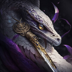 Wall Mural - white snake on which lies the sword in the graphics from the game