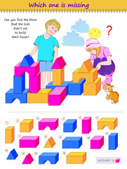 Logic puzzle game for children and adults. Can you find the block that the kids didn't use to build their house? Which one is missing? Brain teaser book. Task for attentiveness. Kids activity sheet.