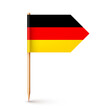 Realistic German toothpick flag. Souvenir from Germany. Wooden toothpick with paper flag. Location mark, map pointer. Blank mockup for advertising and promotions. Vector illustration