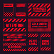 Various red warning signs with diagonal lines. Attention, danger or caution sign, construction site signage. Realistic notice signboard, warning banner, road shield. Vector illustration