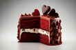 Fetta di torta red velvet con cuori di cioccolato e glassa per San Valentino generata dall'AI